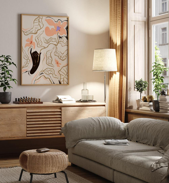 Modern living room showcasing FLEUR, FLORAL FLOWER PAINTINGS by Arty Guava, enhancing any space with style.