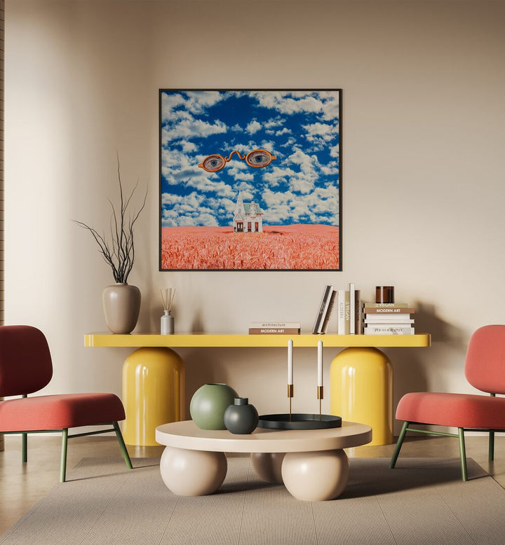 Captivating FLOATING GLASSES, SURREAL ART PRINTS by Cosmo Zach adorn a modern interior with enchanting surrealism.