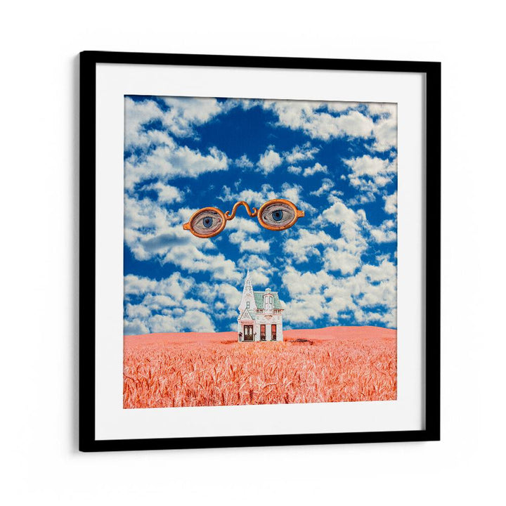 Surreal art print "FLOATING GLASSES" by Cosmo Zach, featuring a whimsical scene against a vibrant sky.