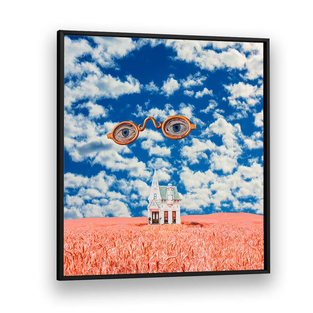 Surreal art print "FLOATING GLASSES" by Cosmo Zach, blending vibrant landscapes and imaginative elements.