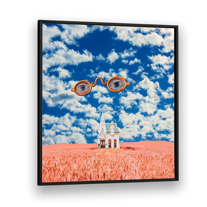Surreal art print "FLOATING GLASSES" by Cosmo Zach, blending vibrant landscapes and imaginative elements.