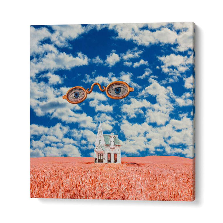FLOATING GLASSES, SURREAL ART PRINTS by Cosmo Zach feature whimsical glasses floating above a surreal landscape.