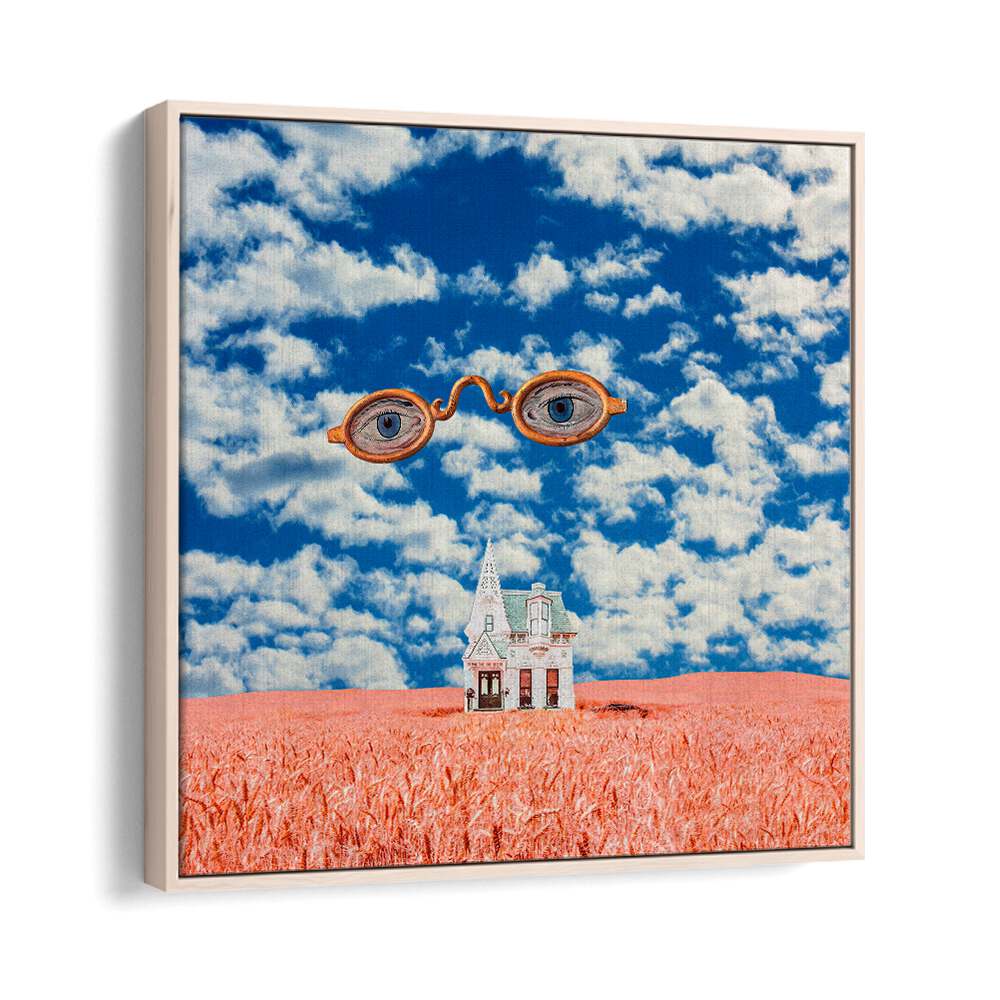 Floating glasses hover above a surreal landscape, showcasing Cosmo Zach's enchanting art prints. Perfect for unique decor.