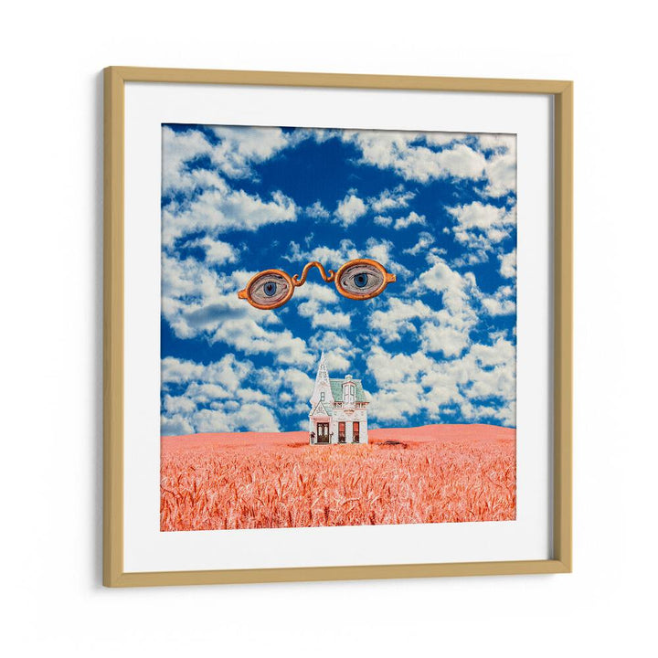 Floating Glasses, Surreal Art Prints by Cosmo Zach, featuring a dreamy landscape with whimsical glasses and vibrant colors.