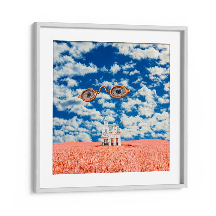 Floating Glasses by Cosmo Zach framed surreal art print, featuring a dreamy landscape and whimsical elements.