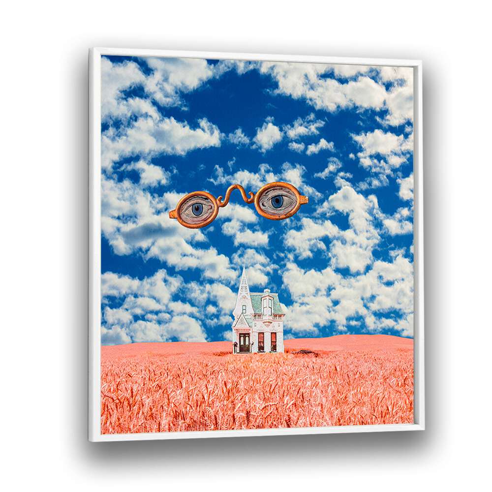 Floating Glasses, Surreal Art Prints by Cosmo Zach showcase whimsical vision amid vibrant landscapes and dramatic skies.