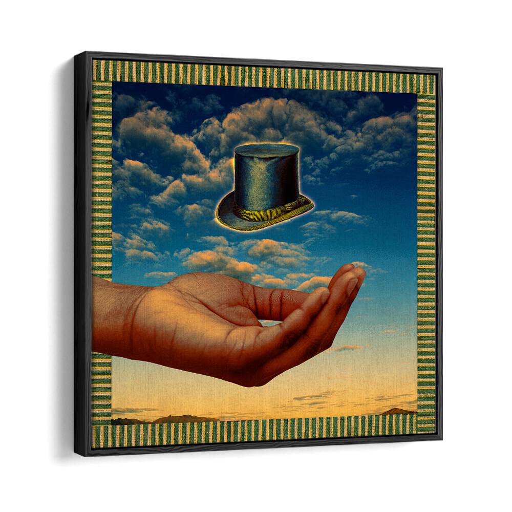 Floating Hat by Cosmo Zach, a surreal art print featuring a hand and a levitating top hat against a vibrant sky.