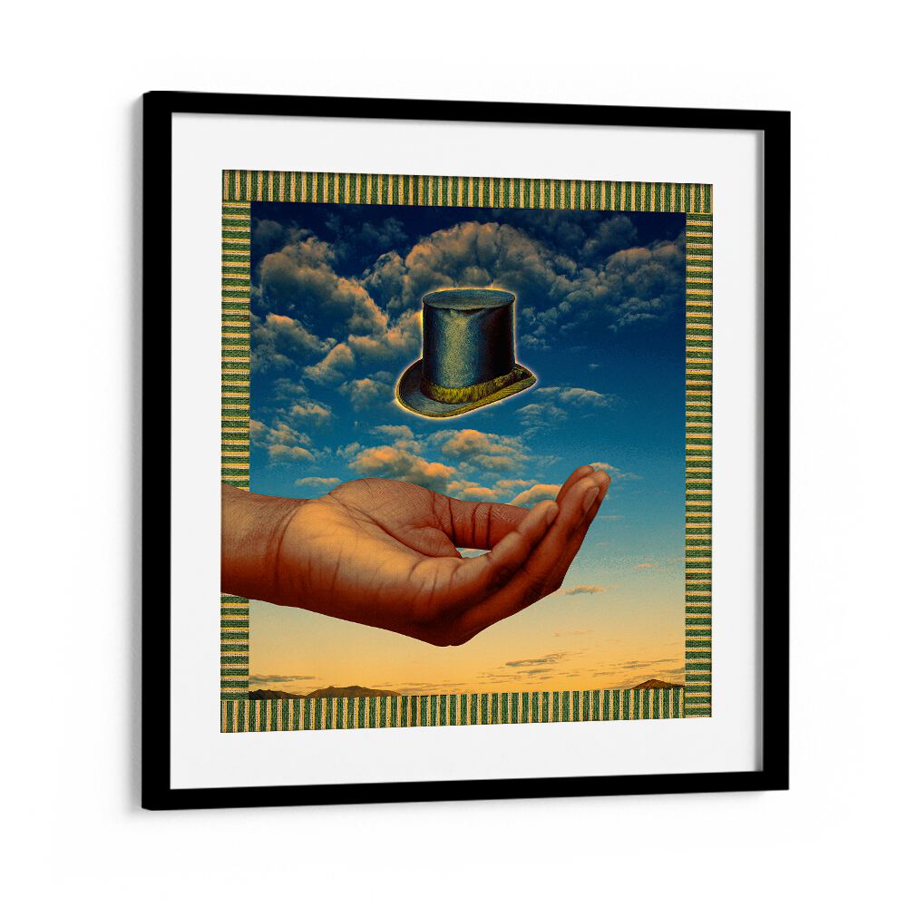 Floating Hat, Surreal Art Prints by Cosmo Zach, featuring a hand and a levitating hat against a vibrant sky.