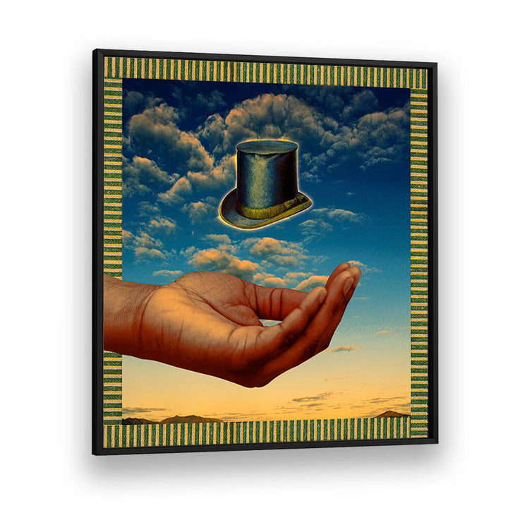 Surreal art print "FLOATING HAT" by Cosmo Zach, featuring a hat above a hand against a dreamy sky backdrop.