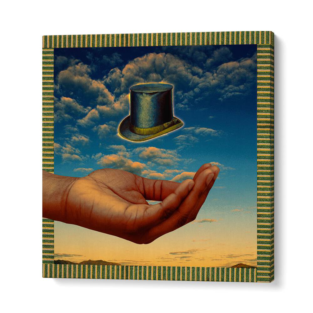 Floating Hat, Surreal Art Prints by Cosmo Zach, featuring a hat above an outstretched hand against a vibrant sky.