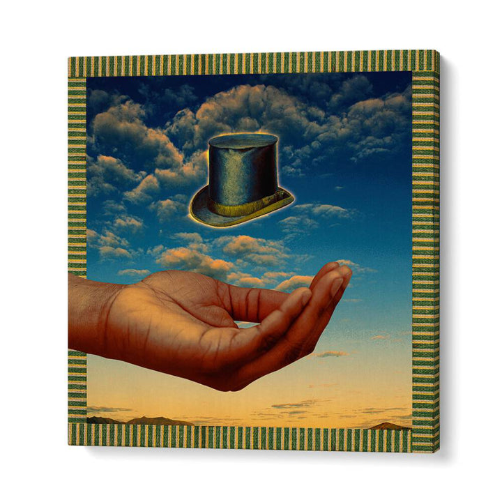 Floating Hat, Surreal Art Prints by Cosmo Zach, featuring a hat above an outstretched hand against a vibrant sky.