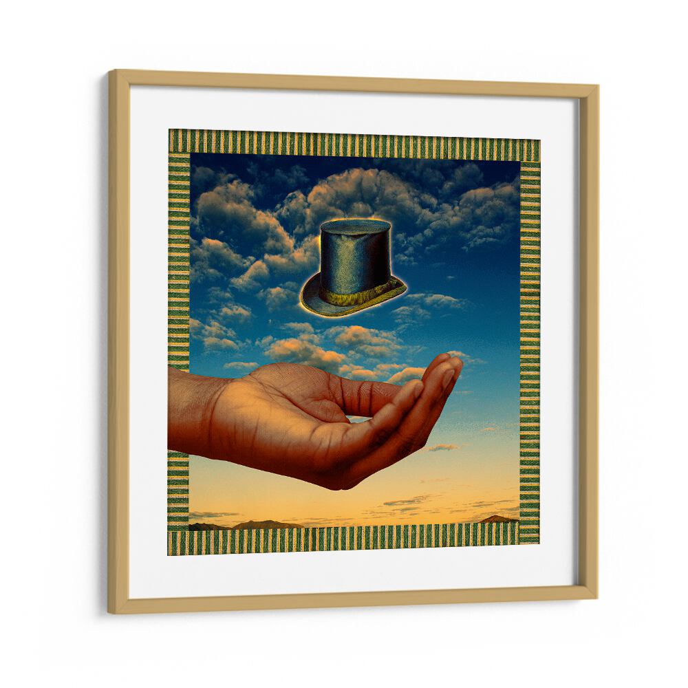 Surreal art print "FLOATING HAT" by Cosmo Zach, featuring a hat hovering over a hand against a vibrant sky.