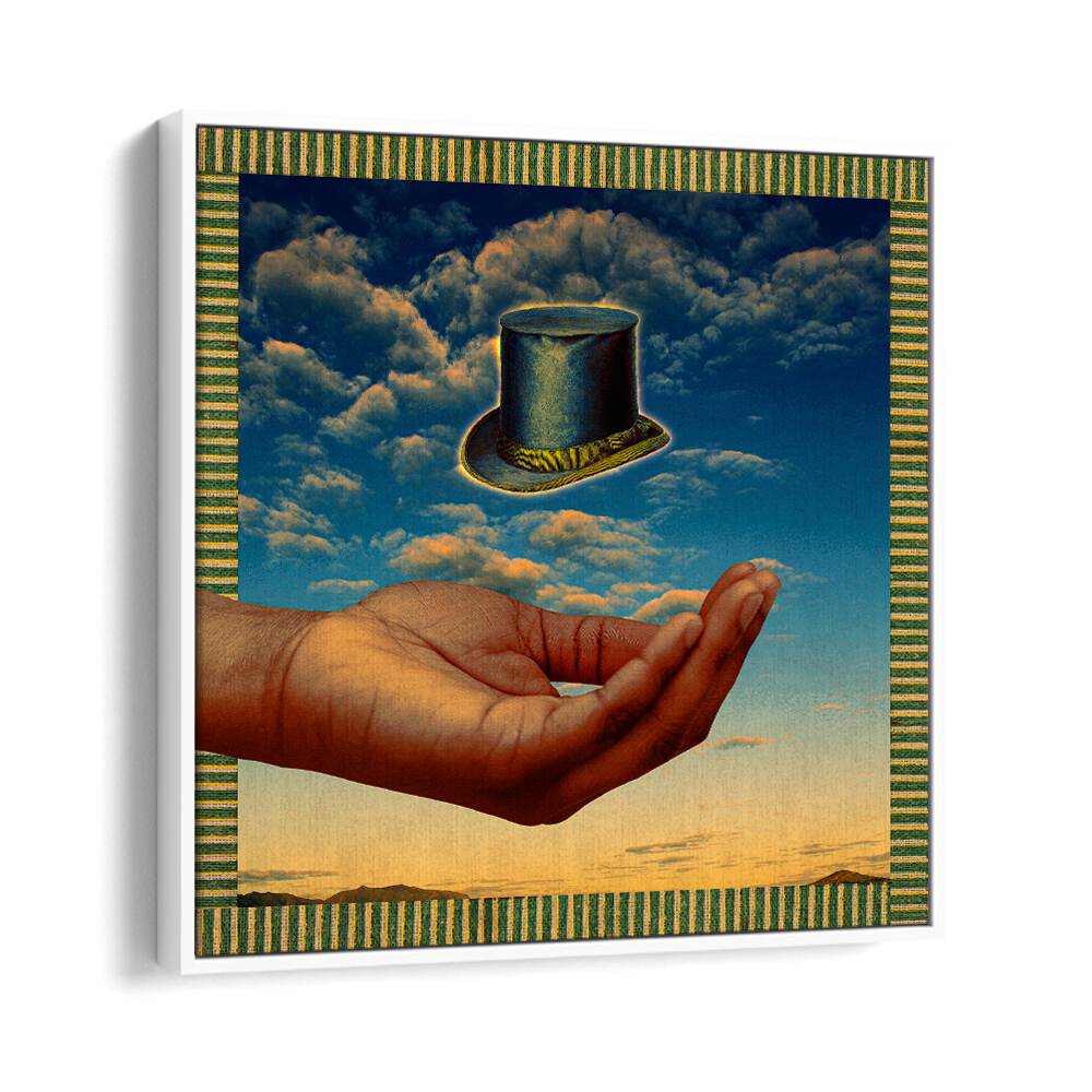 Floating Hat by Cosmo Zach showcases surreal art prints with a hand reaching for a levitating hat against a vibrant sky.