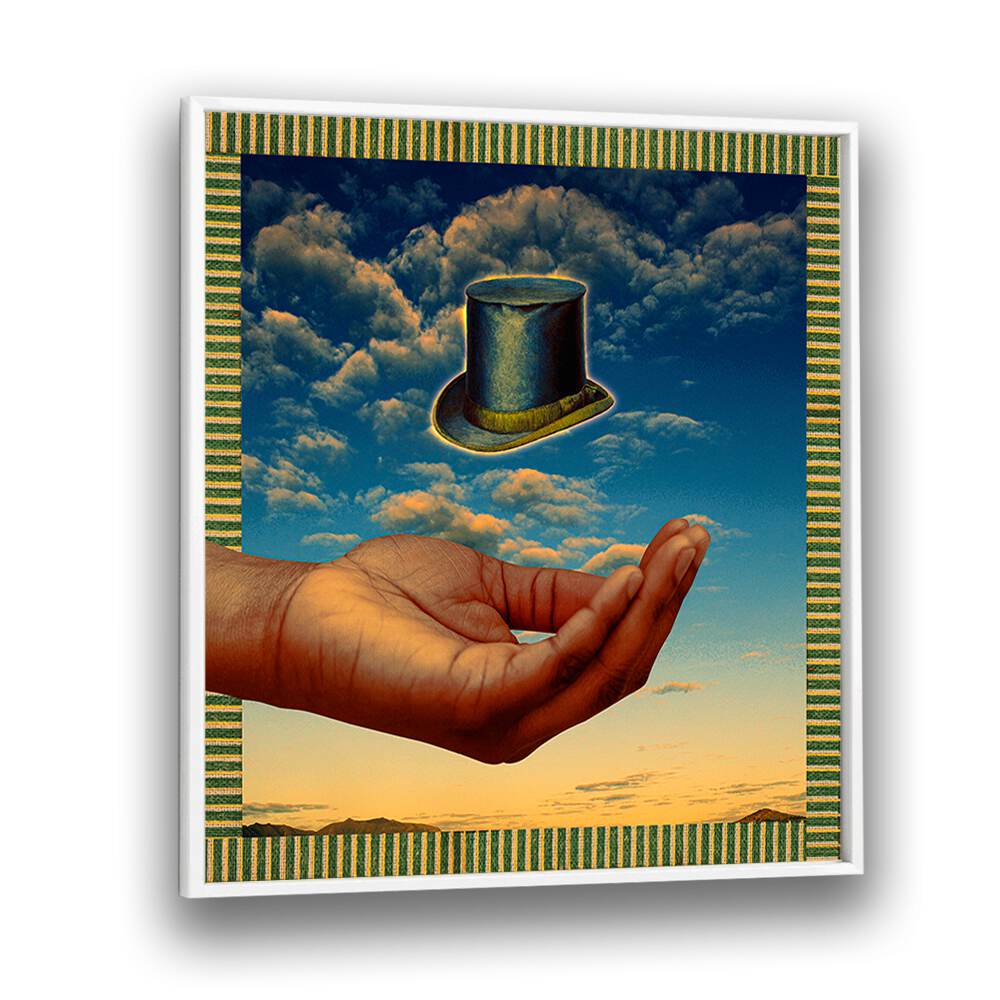 Surreal art print of a floating hat above a hand, showcasing the FLOATING HAT, SURREAL ART PRINTS by Cosmo Zach.