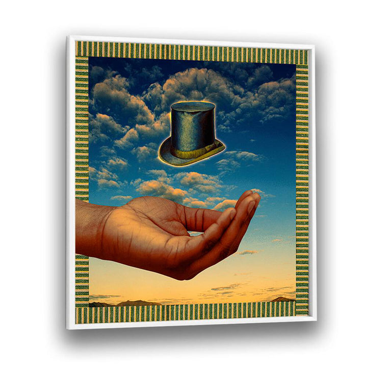 Surreal art print of a floating hat above a hand, showcasing the FLOATING HAT, SURREAL ART PRINTS by Cosmo Zach.