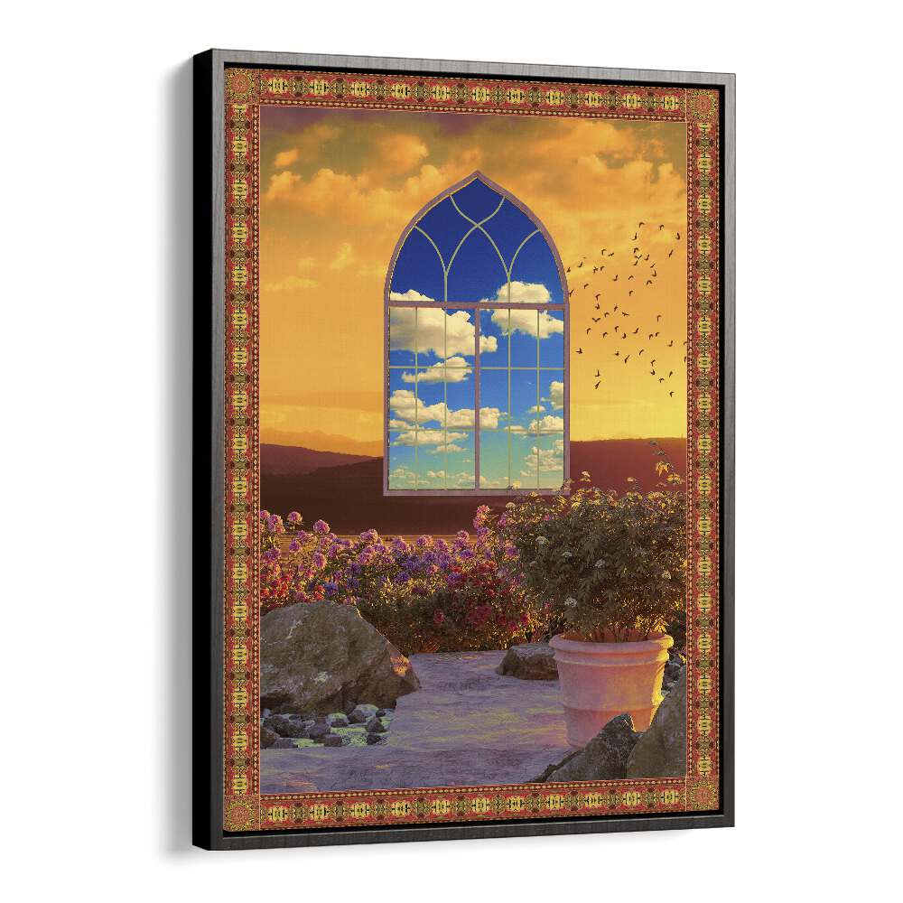 "FLOATING WINDOW, SURREAL ART PRINTS by Cosmo Zach showcases a vibrant sunset view through an ornate window frame."