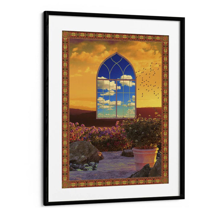 "FLOATING WINDOW, SURREAL ART PRINTS by Cosmo Zach features a vibrant window scene framed in black, inviting imagination."
