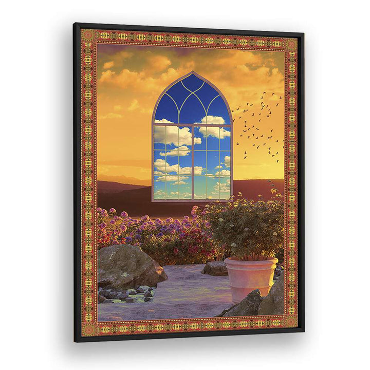 Floating Window, Surreal Art Prints by Cosmo Zach, featuring a serene landscape and vibrant colors in a framed design.