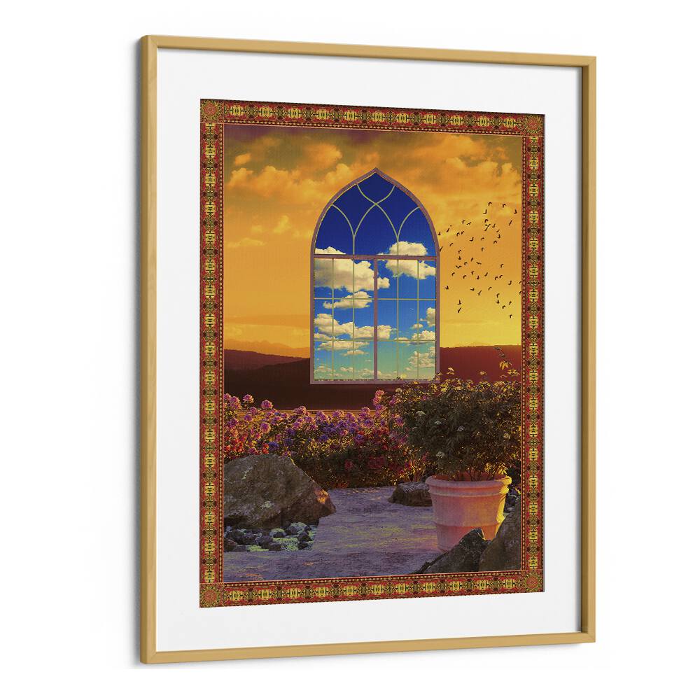 Captivating FLOATING WINDOW, SURREAL ART PRINTS by Cosmo Zach in oak frame, inviting you into a surreal realm.