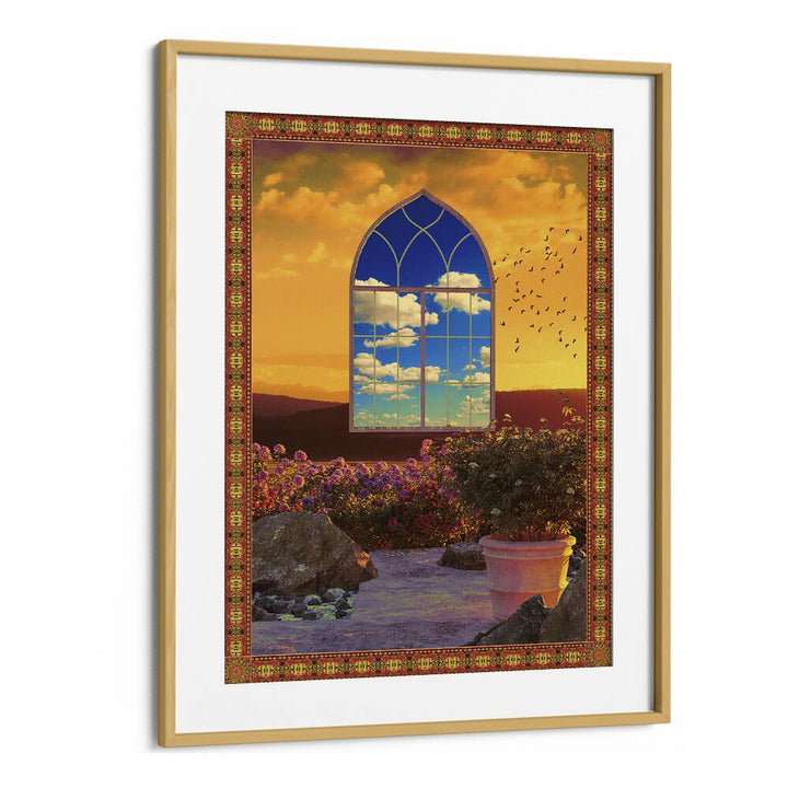 Captivating FLOATING WINDOW, SURREAL ART PRINTS by Cosmo Zach in oak frame, inviting you into a surreal realm.