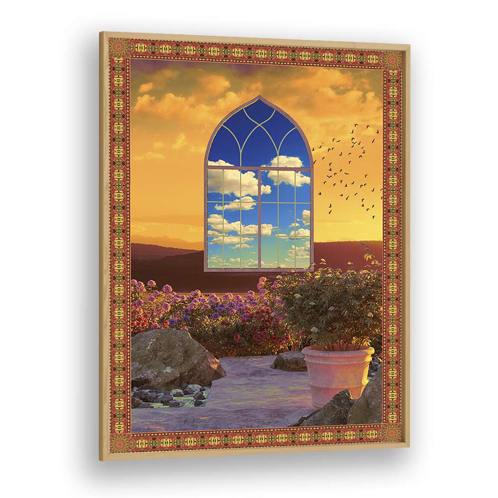 FLOATING WINDOW, SURREAL ART PRINTS by Cosmo Zach captures a dreamy landscape framed in elegant oak.