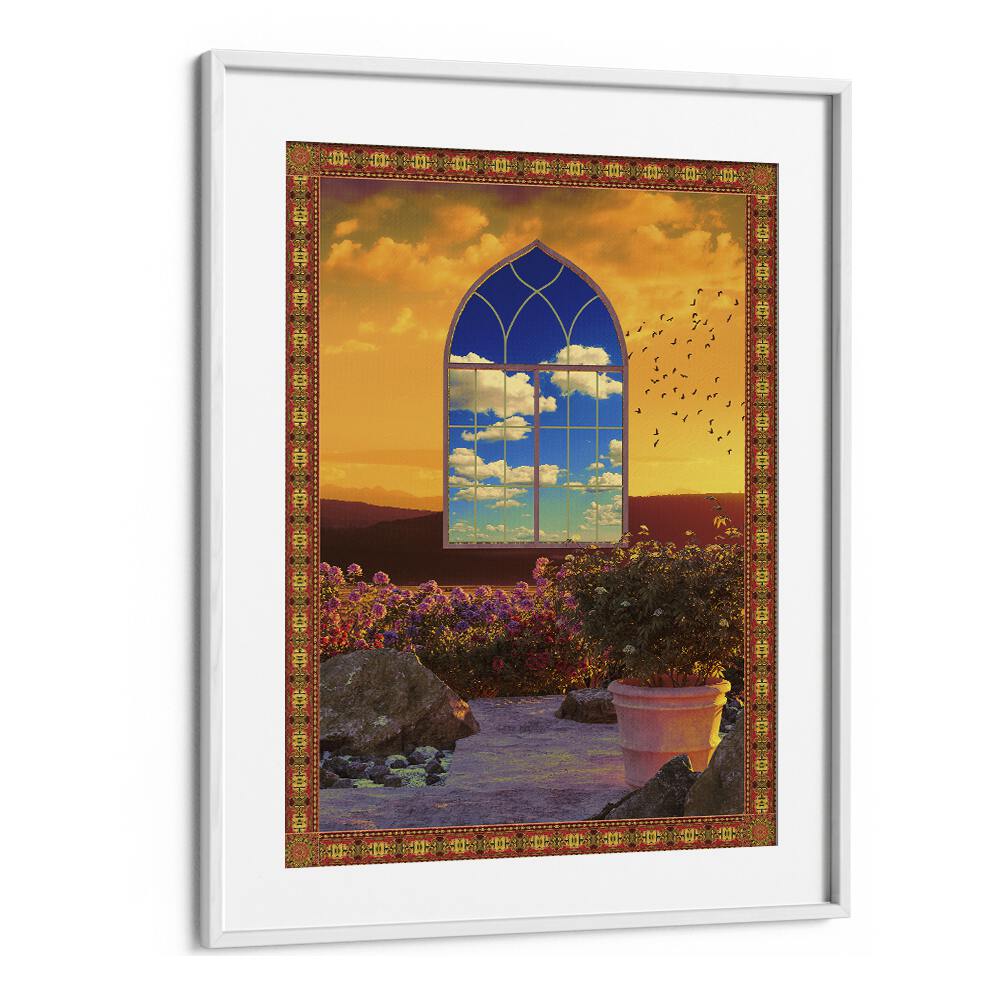 Captivating FLOATING WINDOW, SURREAL ART PRINTS by Cosmo Zach, showcasing a vibrant surreal landscape in a white frame.