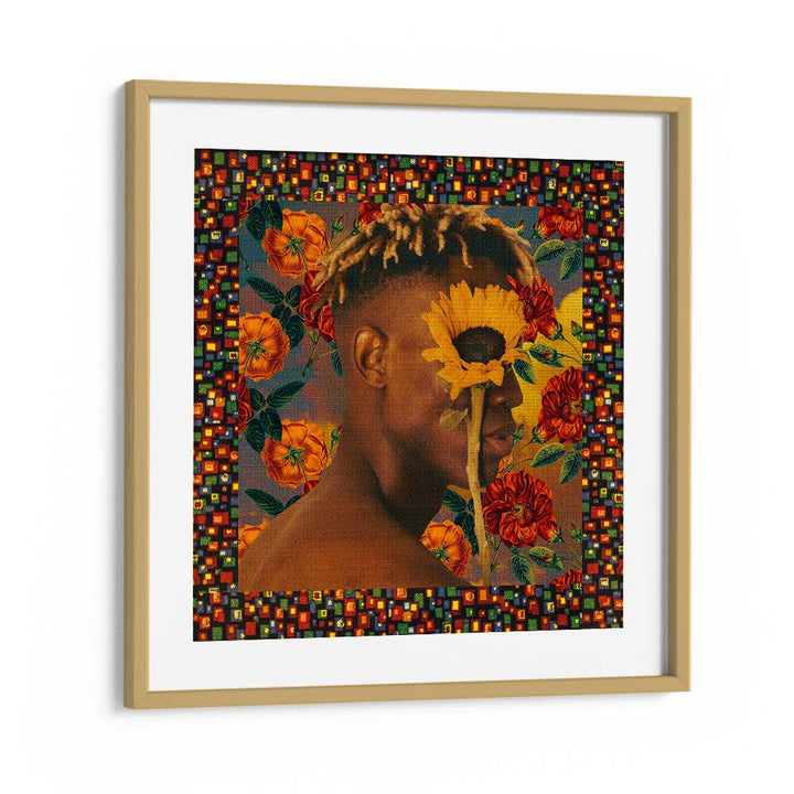FLOWER BOY II, SURREAL ART PRINTS by Cosmo Zach showcases vibrant florals and a striking portrait in a chic frame.