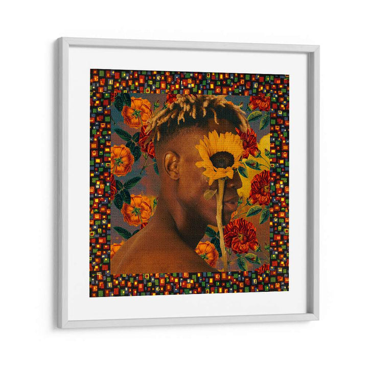 FLOWER BOY II, SURREAL ART PRINTS by Cosmo Zach features vibrant floral designs and a striking portrait in a frame.