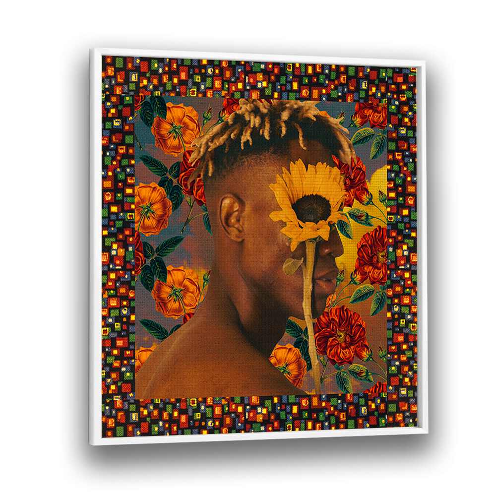 "FLOWER BOY II, SURREAL ART PRINTS by Cosmo Zach features vibrant flowers and a striking portrait in a bold frame."