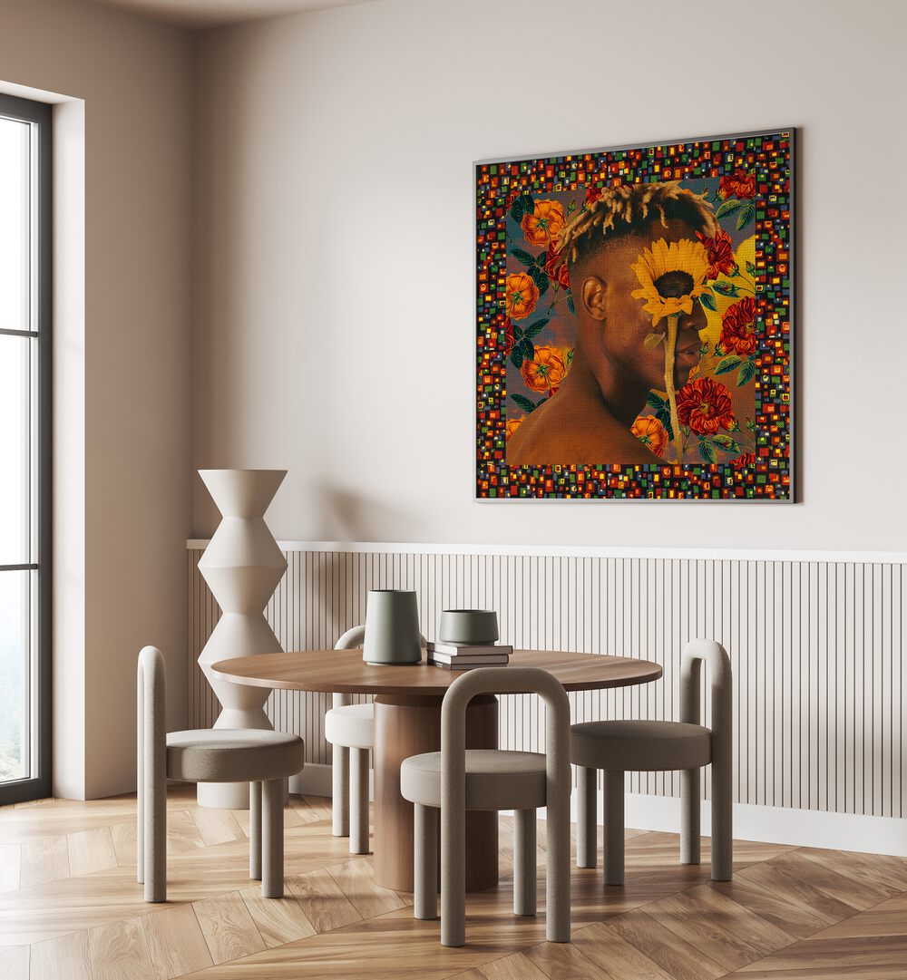 Decorate your space with FLOWER BOY II, SURREAL ART PRINTS by Cosmo Zach, blending surrealism and vibrant colors.