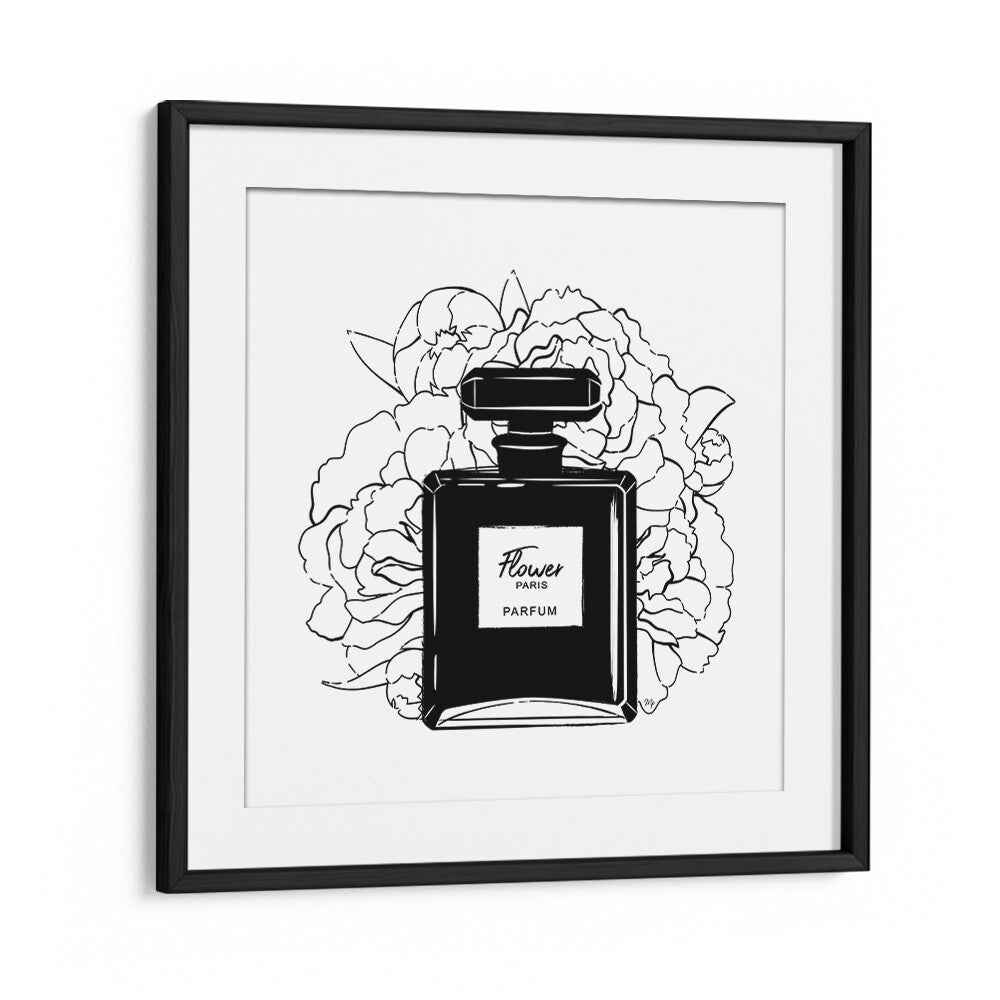 Elegant FLOWER PERFUME in a chic black frame, perfect for fashion posters by Martina Fashion Paintings.