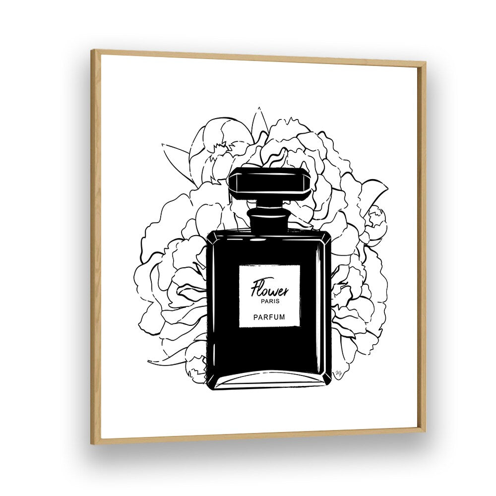 Elegant FLOWER PERFUME illustration in a wooden frame, perfect for stylish FASHION POSTERS by Martina.