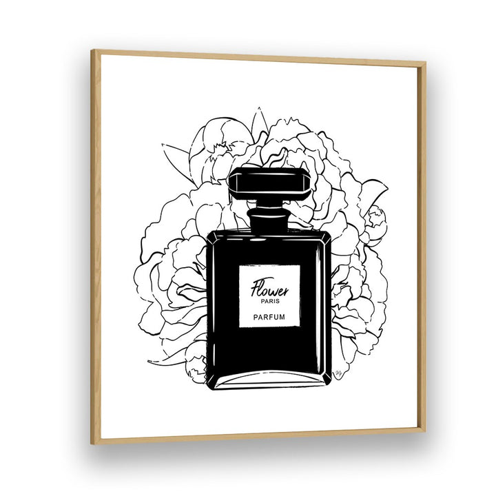 Elegant FLOWER PERFUME illustration in a wooden frame, perfect for stylish FASHION POSTERS by Martina.