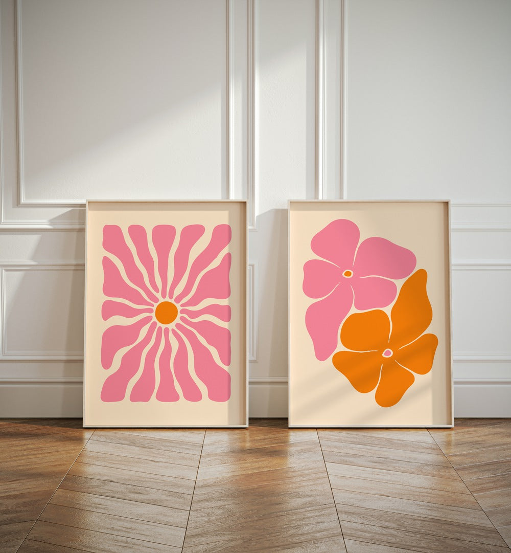 Brighten your home with PASTEL FLOWER PATTERNS, SET OF 2 PAINTINGS, showcasing vibrant floral designs.