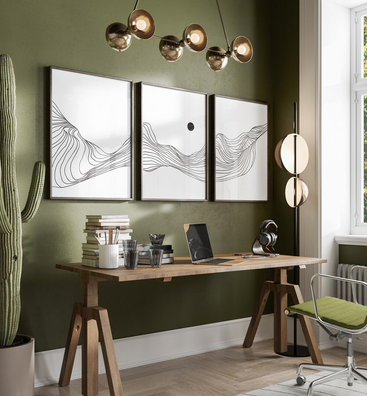 Stylish FLUIDIC DUNES SET, SET OF 3 PAINTINGS enhancing a modern workspace, available exclusively at Asian Monk.