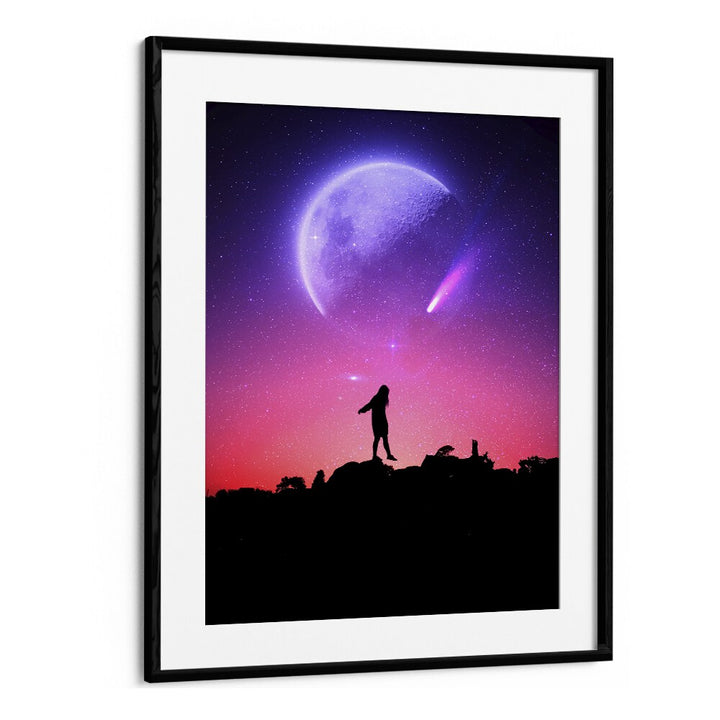 Vibrant FLUORESCE, SURREAL ART PRINTS by Ritvik Takkar, showcasing cosmic elements and a silhouetted figure.