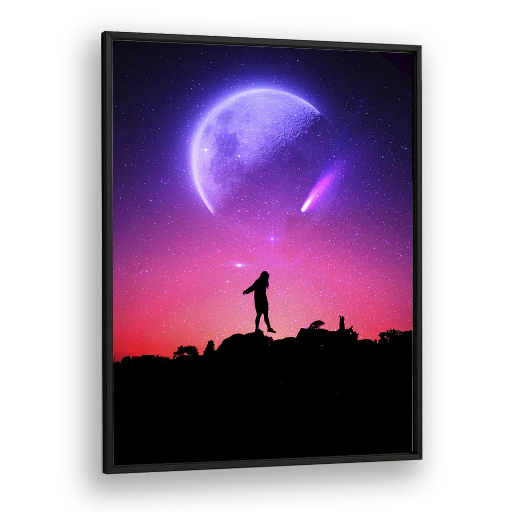 FLUORESCE, SURREAL ART PRINTS by Ritvik Takkar, featuring a cosmic scene with a silhouetted figure and vibrant colors.