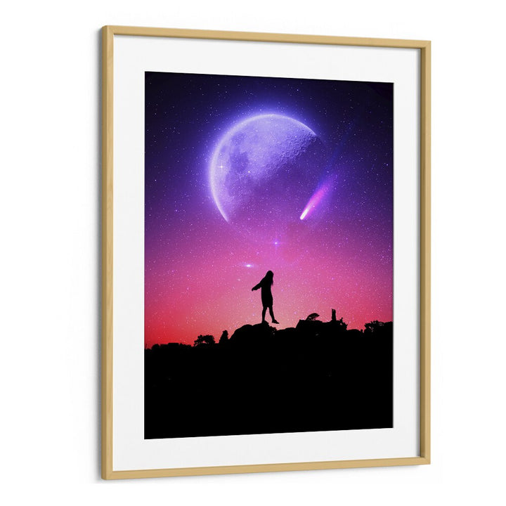 Captivating FLUORESCE, SURREAL ART PRINTS by Ritvik Takkar, featuring a stunning cosmic scene in a chic oak frame.