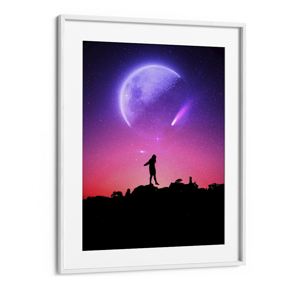 Captivating FLUORESCE, SURREAL ART PRINTS by Ritvik Takkar, featuring a cosmic scene in a stylish white frame.