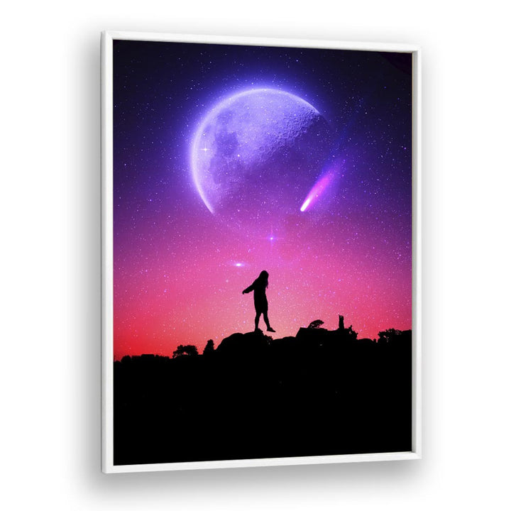 Stunning FLUORESCE, SURREAL ART PRINTS by Ritvik Takkar, featuring a mystical cosmic scene in a sleek white frame.