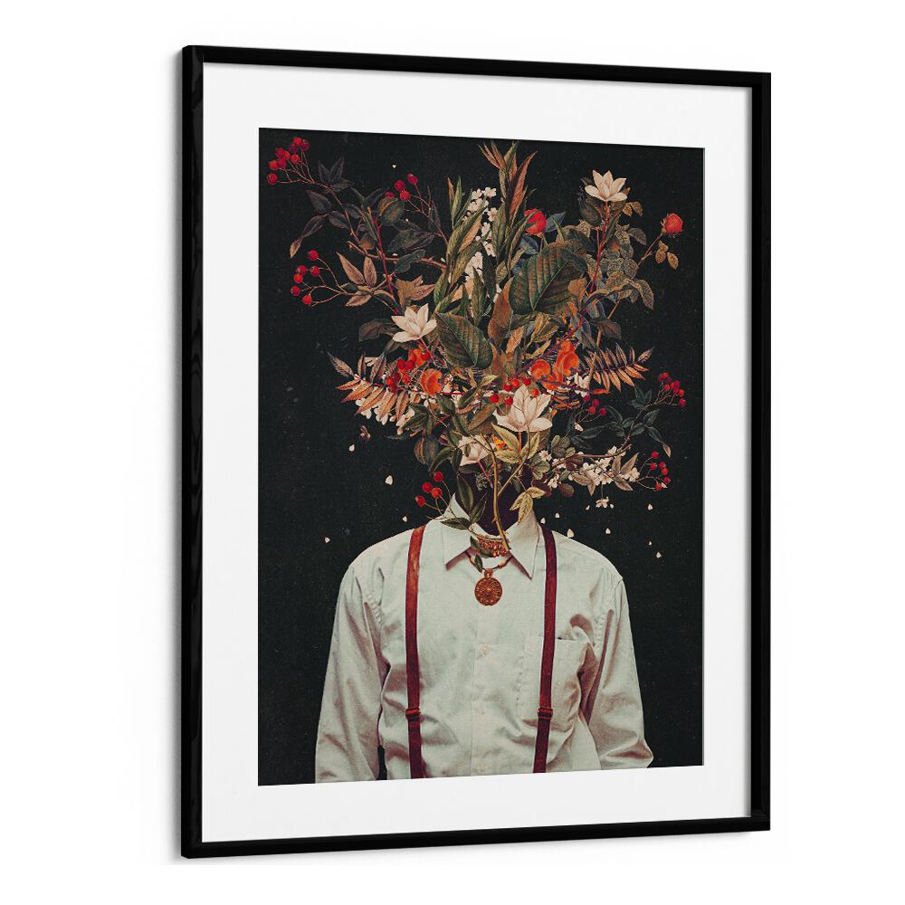 FOLIAGE, SURREAL ART PRINTS by Frank Moth, featuring a head made of vibrant flowers and leaves in a stylish frame.