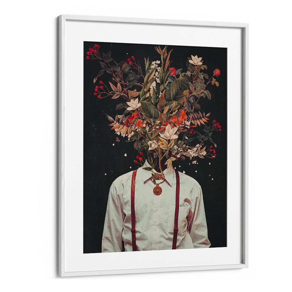 FOLIAGE, SURREAL ART PRINTS by Frank Moth features a striking floral headpiece in a modern frame, perfect for decor.