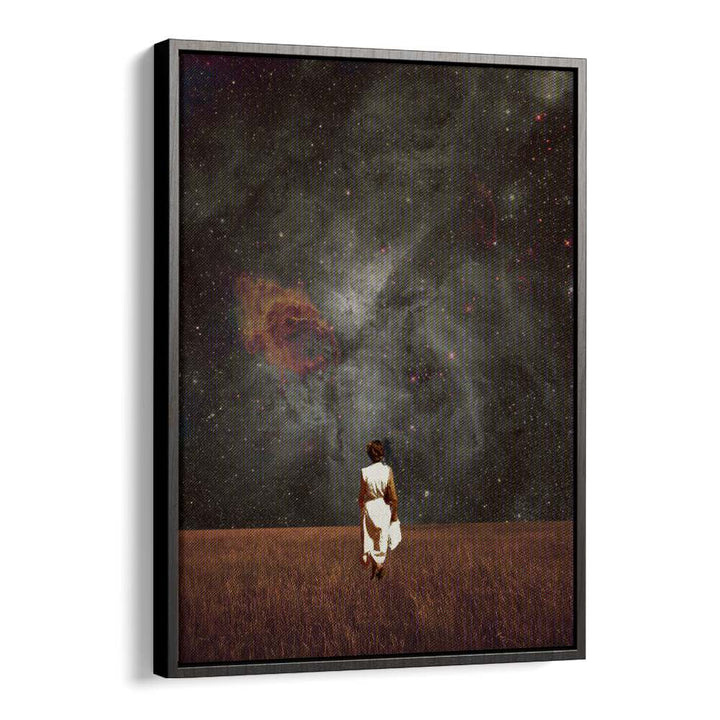 "FOLLOW ME, SURREAL ART PRINTS by Frank Moth showcases a figure walking toward a cosmic landscape, inviting exploration."