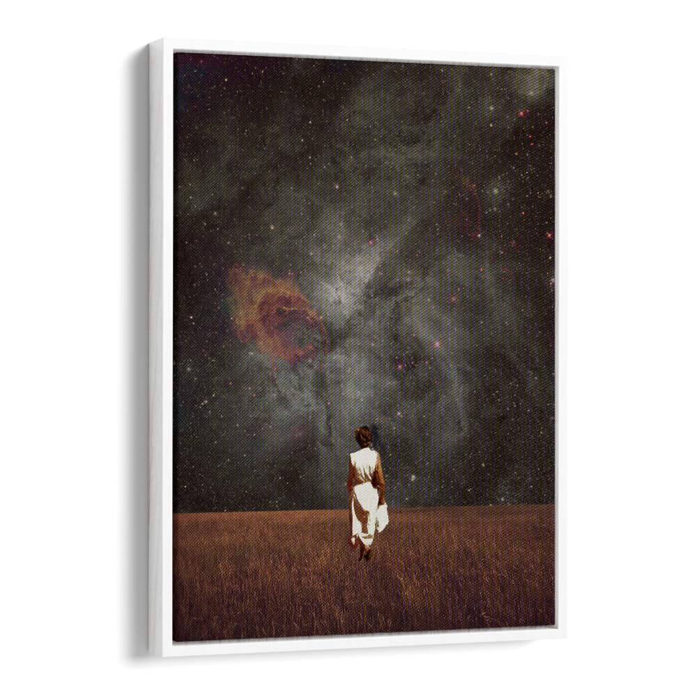 "FOLLOW ME, SURREAL ART PRINTS by Frank Moth features a dreamlike scene of a figure walking in a starry landscape."