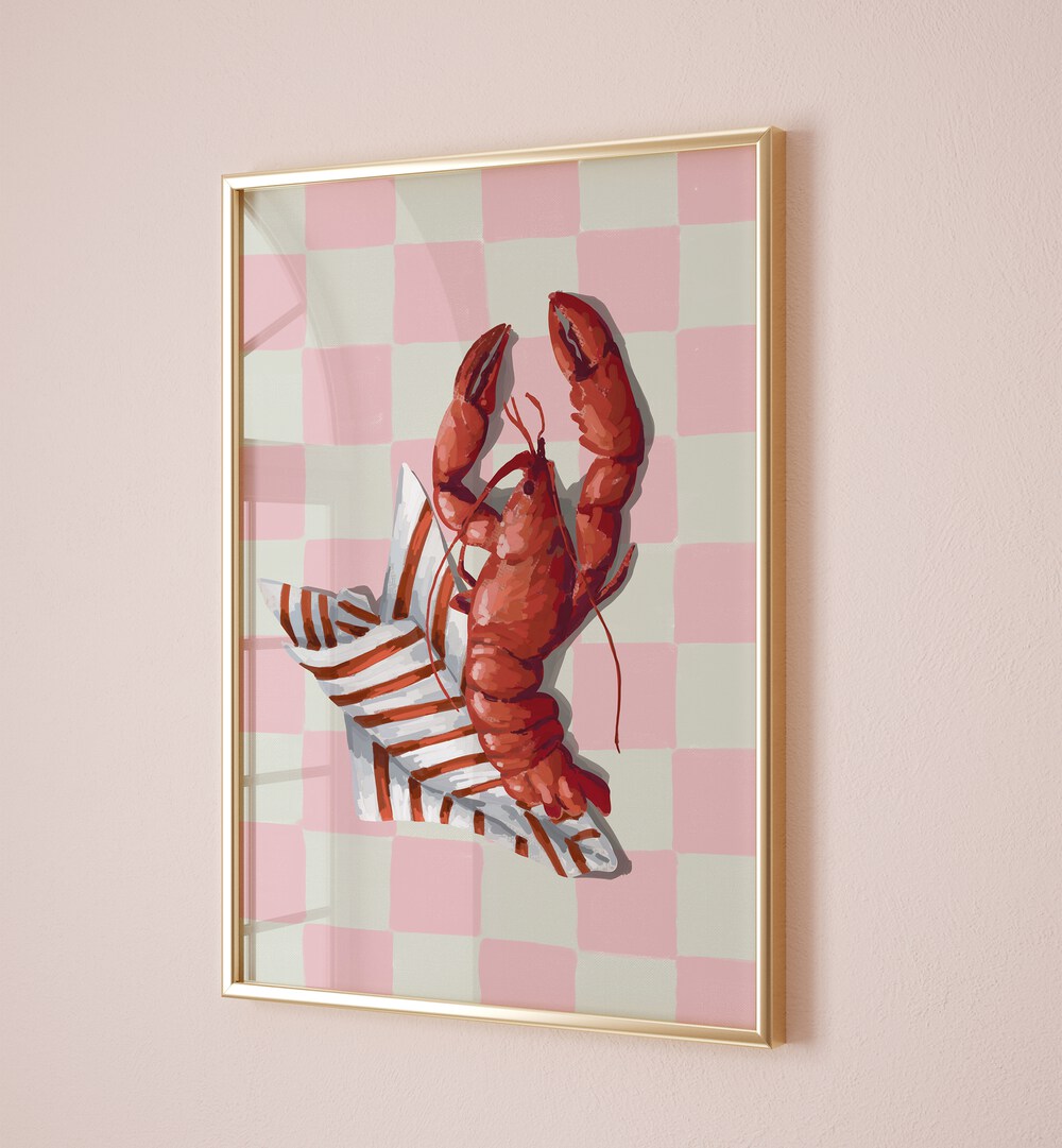 Vibrant lobster artwork on the FOOD NATION GALLERY WALL, complementing cozy gallery walls in a pink living room.
