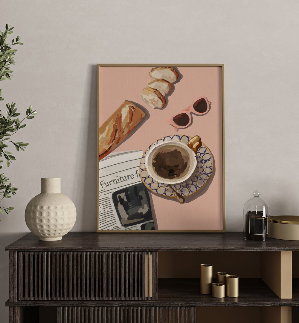 Cozy pink living room featuring the FOOD NATION GALLERY WALL, GALLERY WALLS with art, coffee, and pastries.