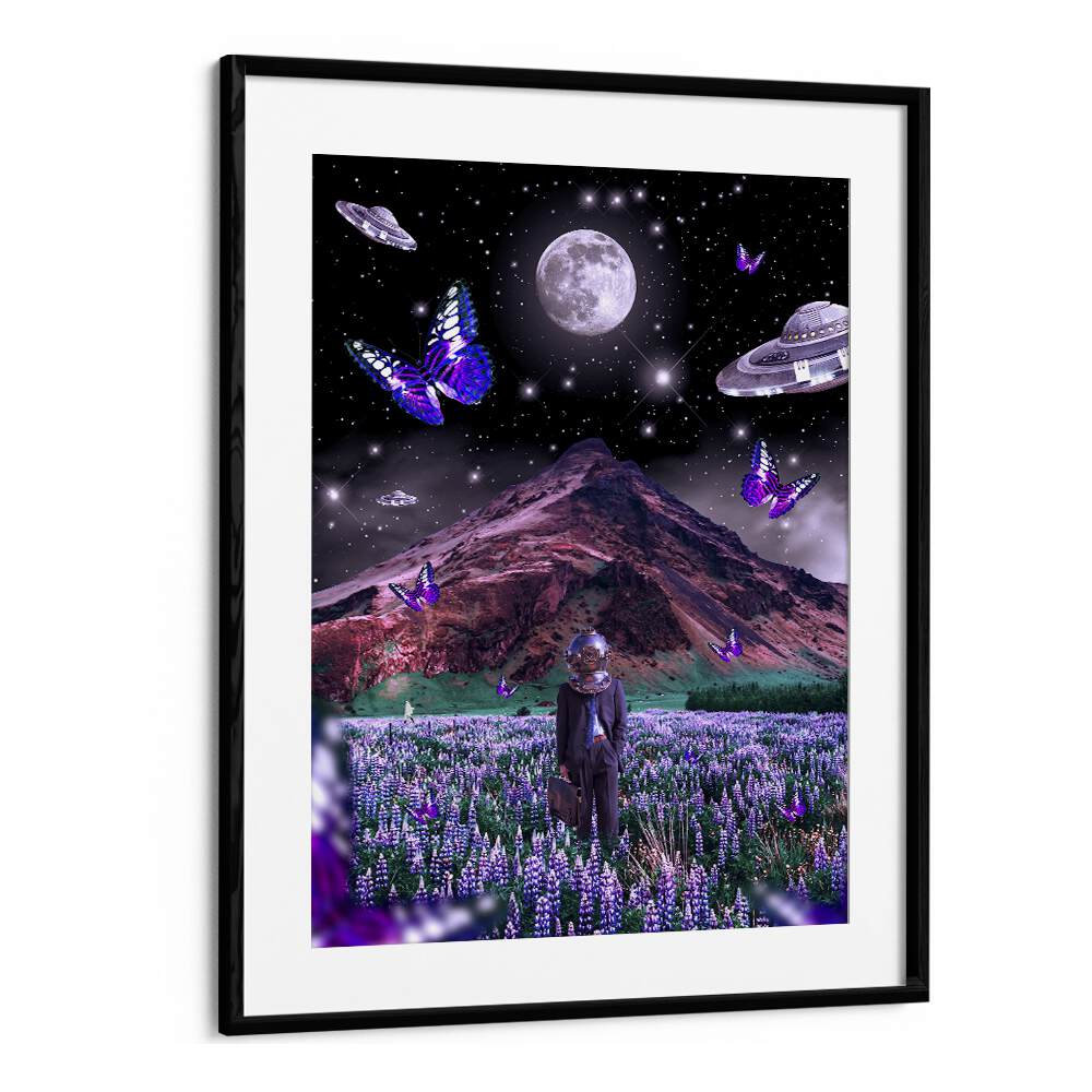 "FOREIGN SOIL, SURREAL ART PRINTS by Ritvik Takkar features a dreamlike landscape with cosmic elements and butterflies."