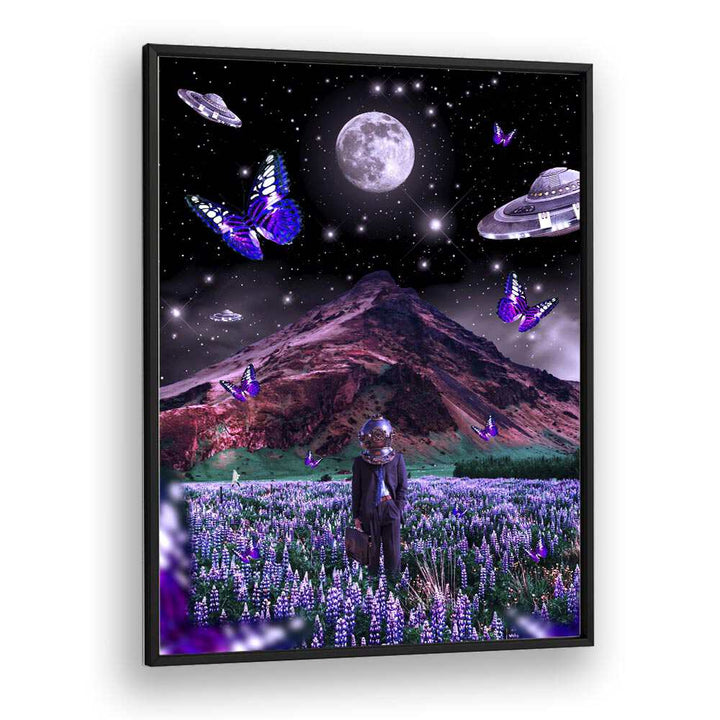 Explore "FOREIGN SOIL, SURREAL ART PRINTS" by Ritvik Takkar, featuring vibrant butterflies and a cosmic landscape.