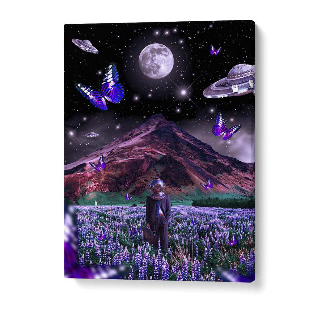 Surreal art print "Foreign Soil" by Ritvik Takkar features a cosmic landscape with butterflies and mountains.
