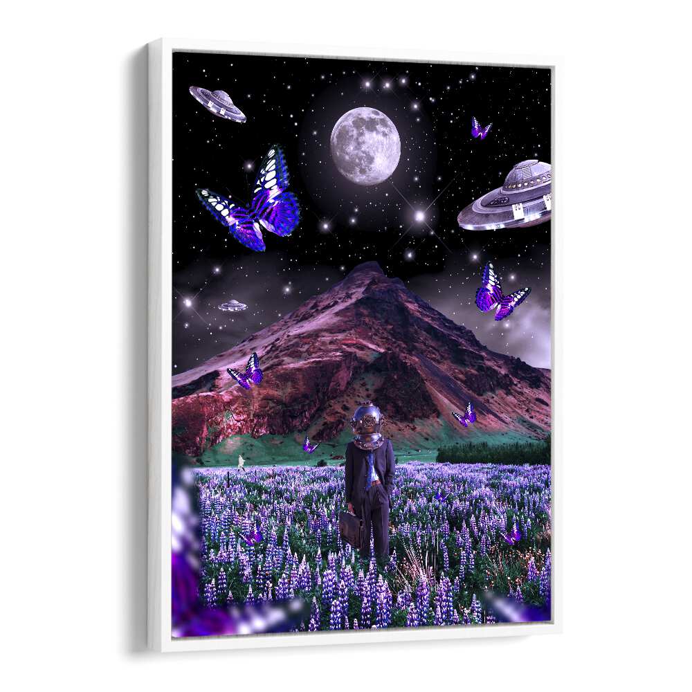 "FOREIGN SOIL, SURREAL ART PRINTS by Ritvik Takkar features a cosmic landscape with vibrant butterflies and a mountain."